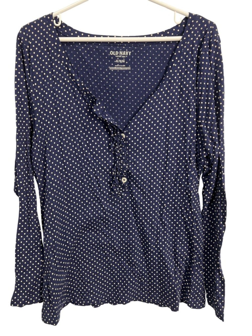 Old Navy Polka Dot Ruffle Henley Shirt Womens XL Navy Blue White Nautical Office